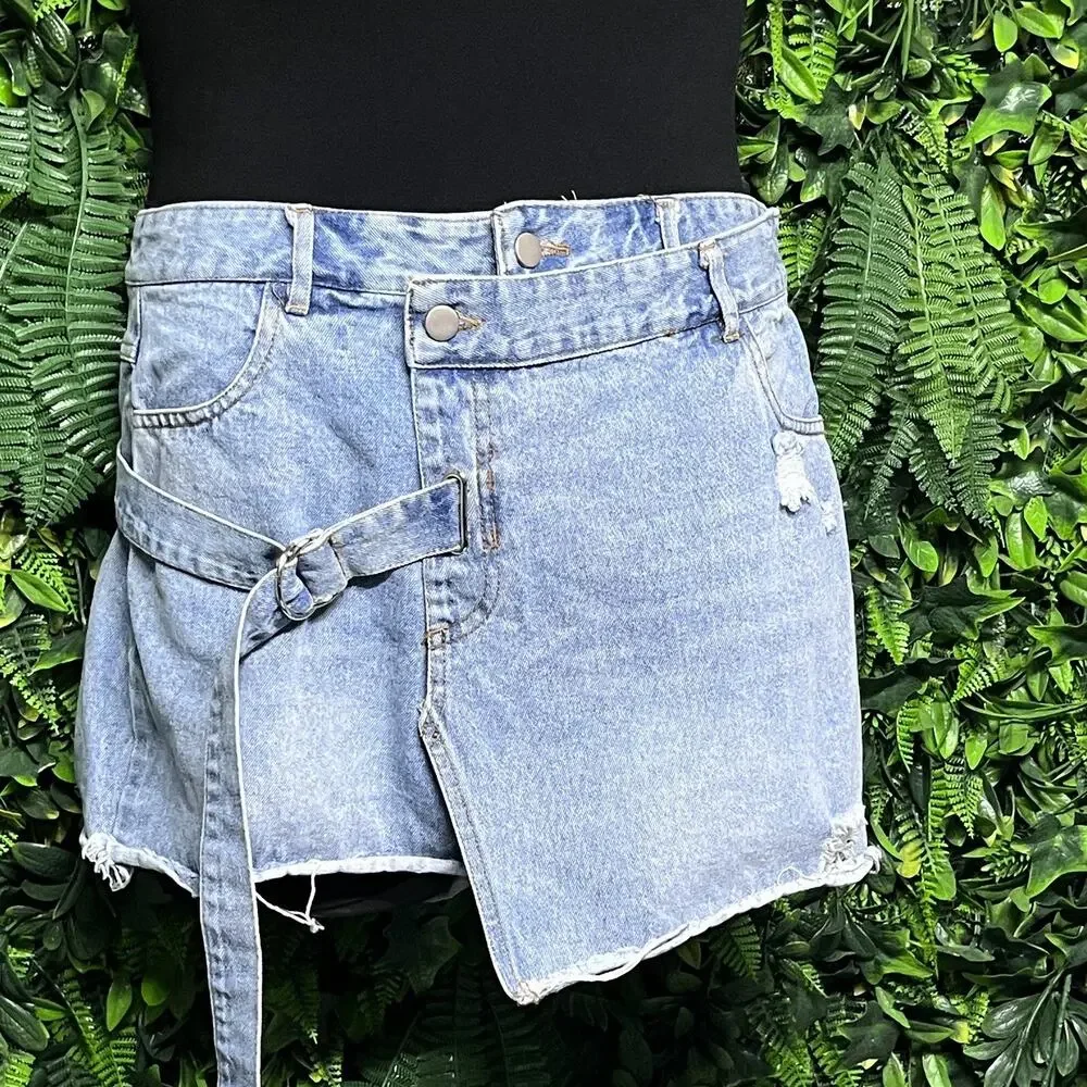 PINK NOVEMBER Skirt Women Large Blue Jeans Shorts Skort‎ Distressed Denim 2749